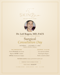 Skin Bio Surgical Consultation Day flyer featuring Dr. Leif Rogers, October 17, 2026