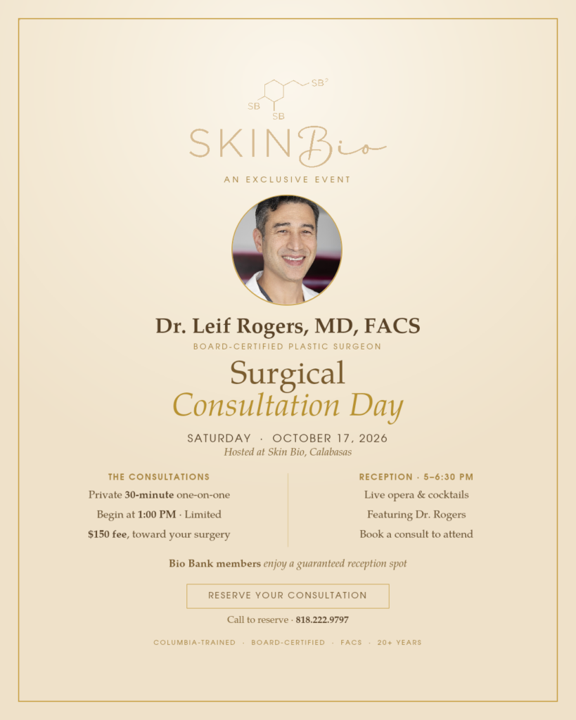Skin Bio Surgical Consultation Day flyer featuring Dr. Leif Rogers, October 17, 2026