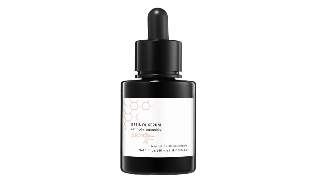 Skin Bio retinol and bakuchiol serum in a black glass dropper bottle